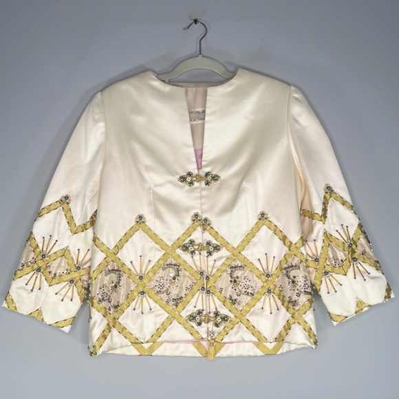 House of De Langhe Jackets & Blazers - House of De Langhe Vintage Beaded Satin 3/4 Sleeve Blazer Jacket Cream Ivory